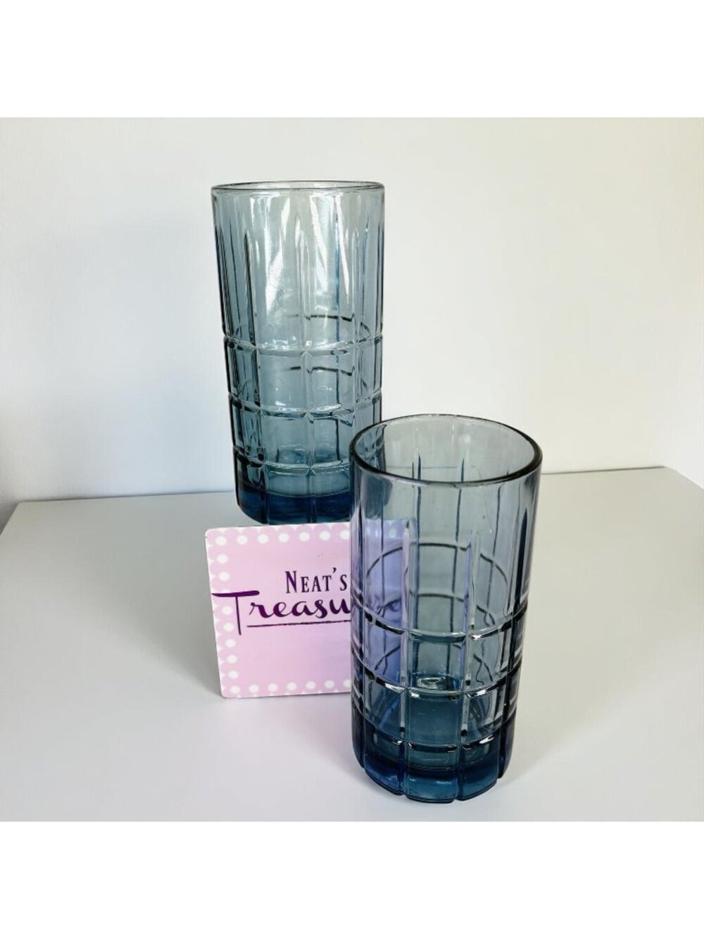 Anchor Hocking TARTAN DENIM BLUE Plaid 16oz Heavy Ice Tea Tumblers Glasses Set 2